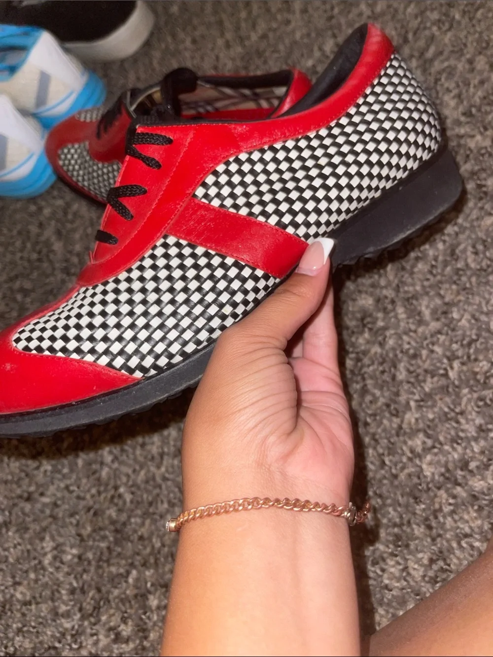 Burberry Red and Black Checkerboard Leather Sneakers